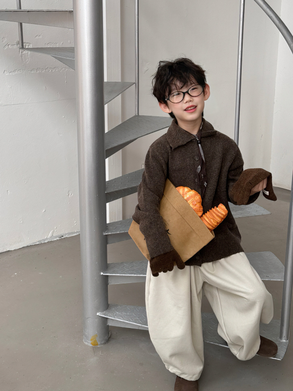 Pulover tricotat pentru copii, stil coreean cu guler polo, bumbac 95%, tricot gros, atingere moale, iarna 2025