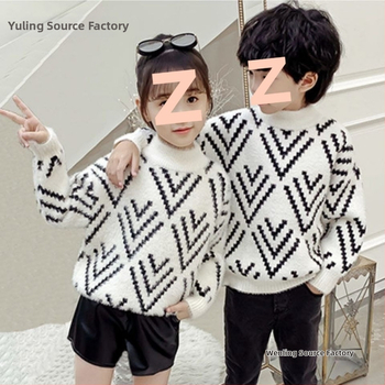 Pulover tricotat gros pentru copii – mâneci lungi, guler semi-turtleneck, țesătură din amestec poliester; modele: dungi, carouri, uni, desen animat