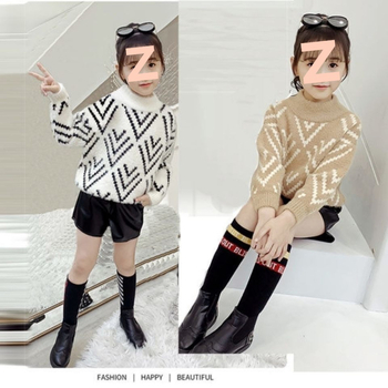 Pulover tricotat gros pentru copii – mâneci lungi, guler semi-turtleneck, țesătură din amestec poliester; modele: dungi, carouri, uni, desen animat