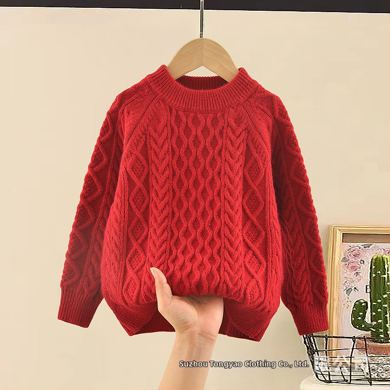 Dječji pleteni pulover, korejskog stila, debeli pleteni materijal, dugi rukav, okrugli ovratnik, 50% pamuk