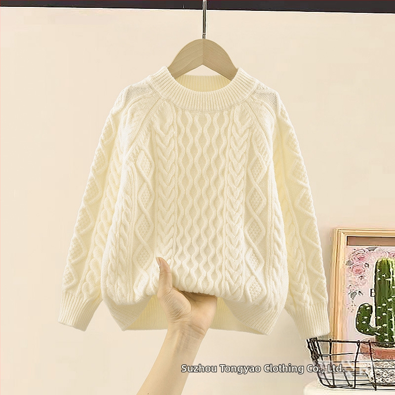 Dječji pleteni pulover, korejskog stila, debeli pleteni materijal, dugi rukav, okrugli ovratnik, 50% pamuk