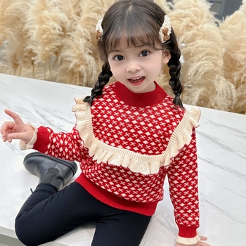 Pulover tricotat pentru fetițe, căptușit cu fleece, cu dantelă pe piept, din lână de iepure, mâneci lungi, guler rotund, pentru nou-născuți (0–1 ani)