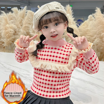 Pulover tricotat pentru fetițe, căptușit cu fleece, cu dantelă pe piept, din lână de iepure, mâneci lungi, guler rotund, pentru nou-născuți (0–1 ani)