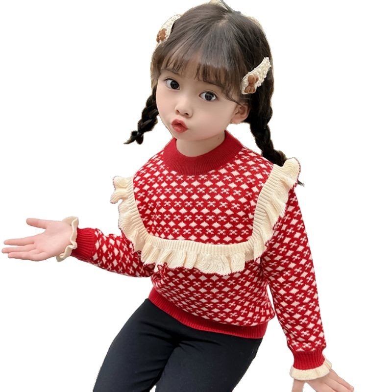 Pulover tricotat pentru fetițe, căptușit cu fleece, cu dantelă pe piept, din lână de iepure, mâneci lungi, guler rotund, pentru nou-născuți (0–1 ani)