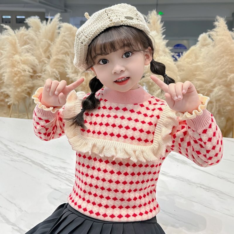 Pulover tricotat pentru fetițe, căptușit cu fleece, cu dantelă pe piept, din lână de iepure, mâneci lungi, guler rotund, pentru nou-născuți (0–1 ani)