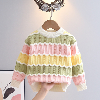 Pulover tricotat pentru fete, cu dungi, căptușit cu fleece, guler rotund, mâneci lungi