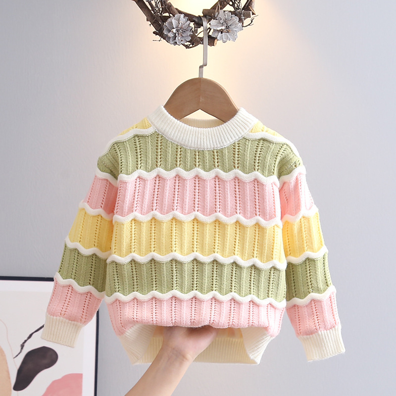 Pulover tricotat pentru fete, cu dungi, căptușit cu fleece, guler rotund, mâneci lungi