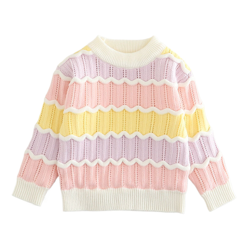 Pulover tricotat pentru fete, cu dungi, căptușit cu fleece, guler rotund, mâneci lungi