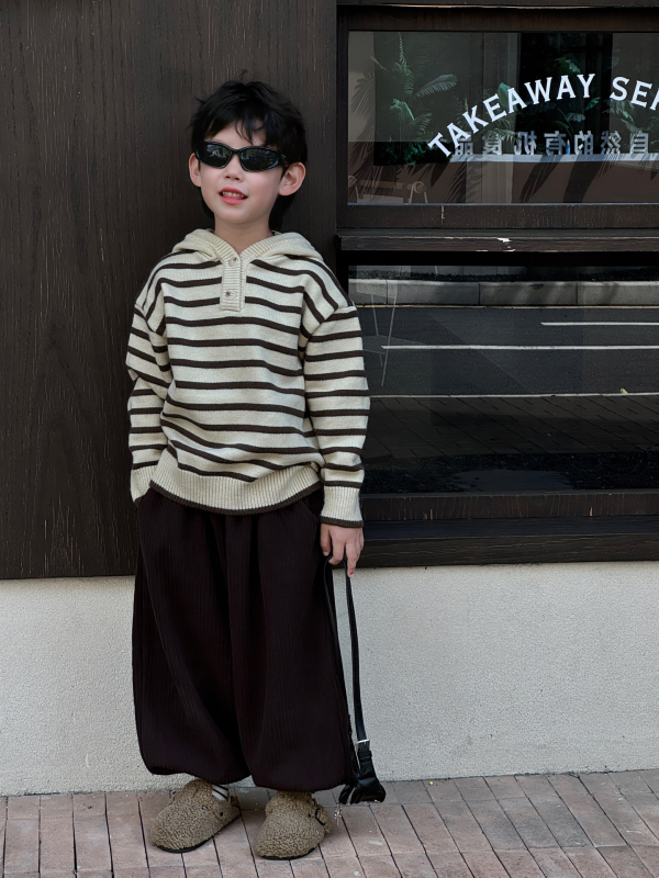 Dječji pulover s kapuljom i prugama, debeli pamuk, okrugli izrez, dugi rukavi, za djecu 3–8 godina, zimska verzija 2025.