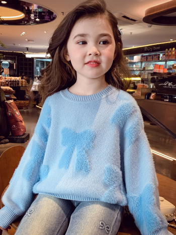 Pulover tricotat pentru copii cu funda din velur imitatie de nurcă, mâneci lungi, gât rotund, tricot de bumbac