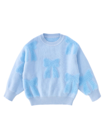 Pulover tricotat pentru copii cu funda din velur imitatie de nurcă, mâneci lungi, gât rotund, tricot de bumbac