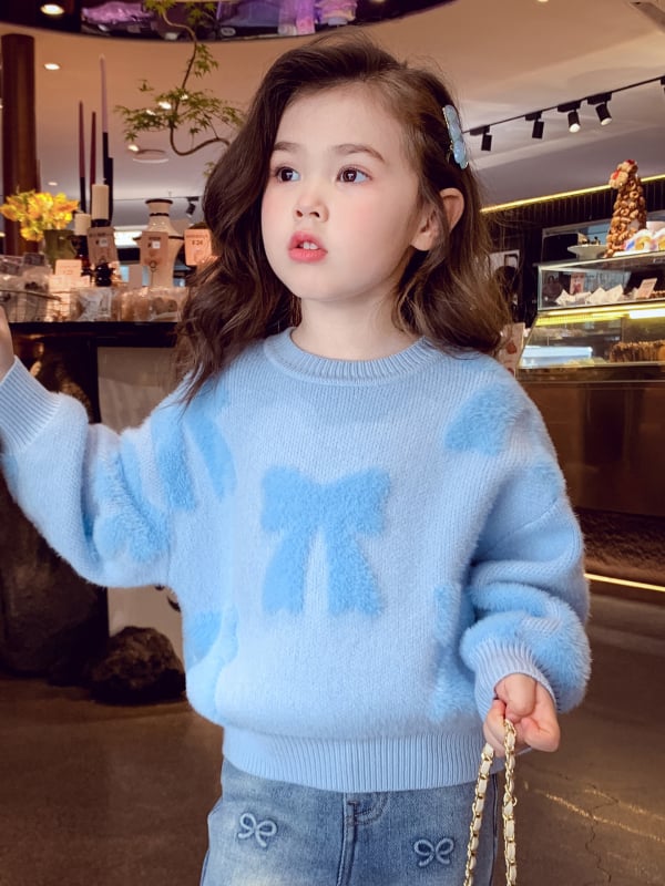 Pulover tricotat pentru copii cu funda din velur imitatie de nurcă, mâneci lungi, gât rotund, tricot de bumbac