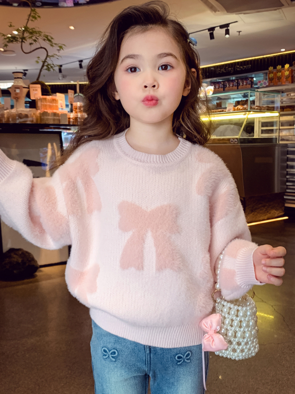 Pulover tricotat pentru copii cu funda din velur imitatie de nurcă, mâneci lungi, gât rotund, tricot de bumbac