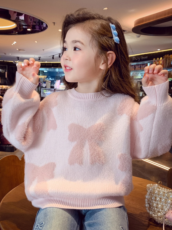 Pulover tricotat pentru copii cu funda din velur imitatie de nurcă, mâneci lungi, gât rotund, tricot de bumbac