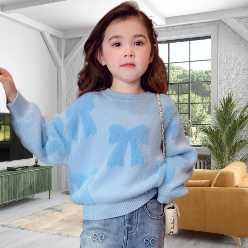 Pulover tricotat pentru copii cu funda din velur imitatie de nurcă, mâneci lungi, gât rotund, tricot de bumbac