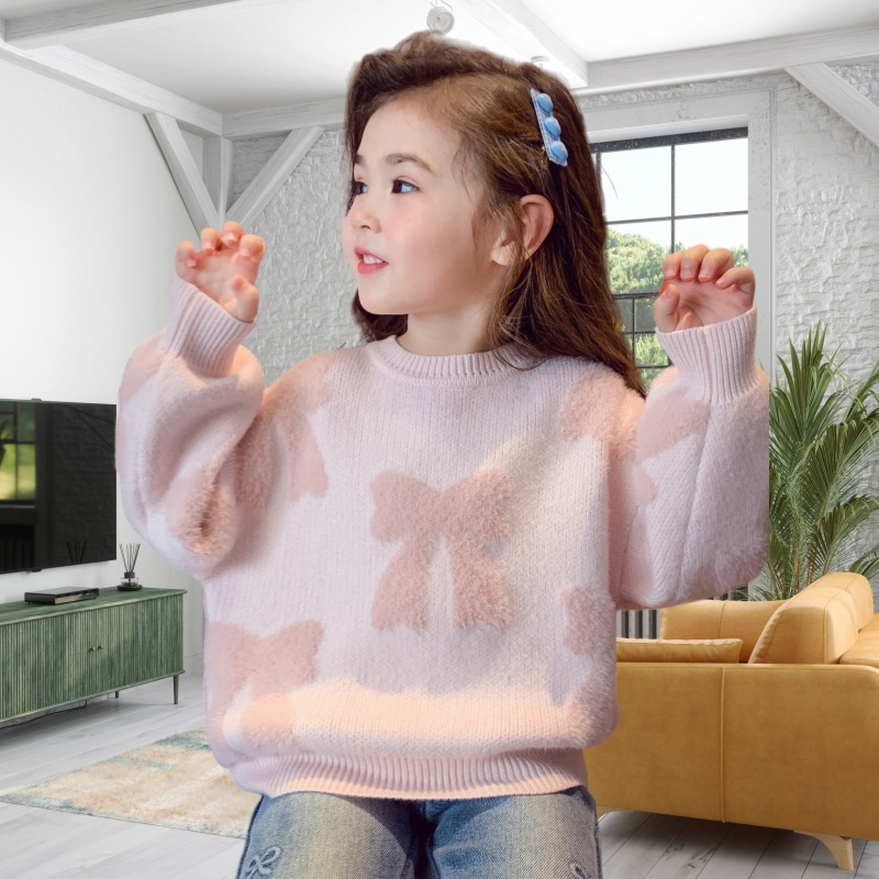 Pulover tricotat pentru copii cu funda din velur imitatie de nurcă, mâneci lungi, gât rotund, tricot de bumbac