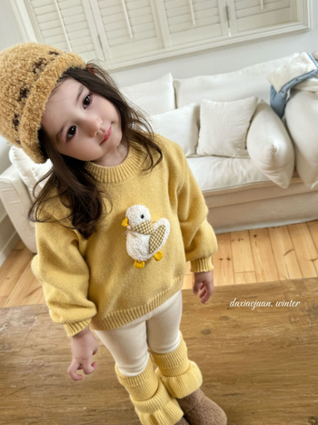 Pulover pentru copii în stil coreean cu motiv cu rață, din acril, tricot gros, mâneci lungi, guler rotund, pentru copii 3–8 ani