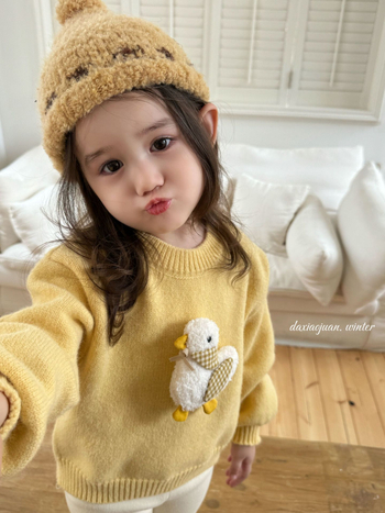 Pulover pentru copii în stil coreean cu motiv cu rață, din acril, tricot gros, mâneci lungi, guler rotund, pentru copii 3–8 ani