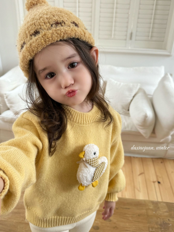 Pulover pentru copii în stil coreean cu motiv cu rață, din acril, tricot gros, mâneci lungi, guler rotund, pentru copii 3–8 ani