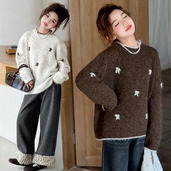 Dječji pulover za djevojčice, korejski stil, debeli pleteni, dugi rukavi, okrugli izrez, mješavina vune i poliestera (75% poliestera), mekana obrada, zima 2025