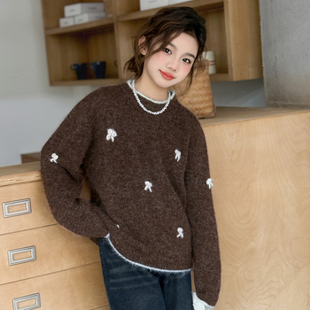 Dječji pulover za djevojčice, korejski stil, debeli pleteni, dugi rukavi, okrugli izrez, mješavina vune i poliestera (75% poliestera), mekana obrada, zima 2025