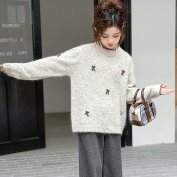 Dječji pulover za djevojčice, korejski stil, debeli pleteni, dugi rukavi, okrugli izrez, mješavina vune i poliestera (75% poliestera), mekana obrada, zima 2025
