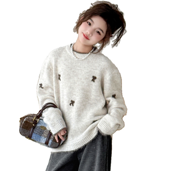 Dječji pulover za djevojčice, korejski stil, debeli pleteni, dugi rukavi, okrugli izrez, mješavina vune i poliestera (75% poliestera), mekana obrada, zima 2025