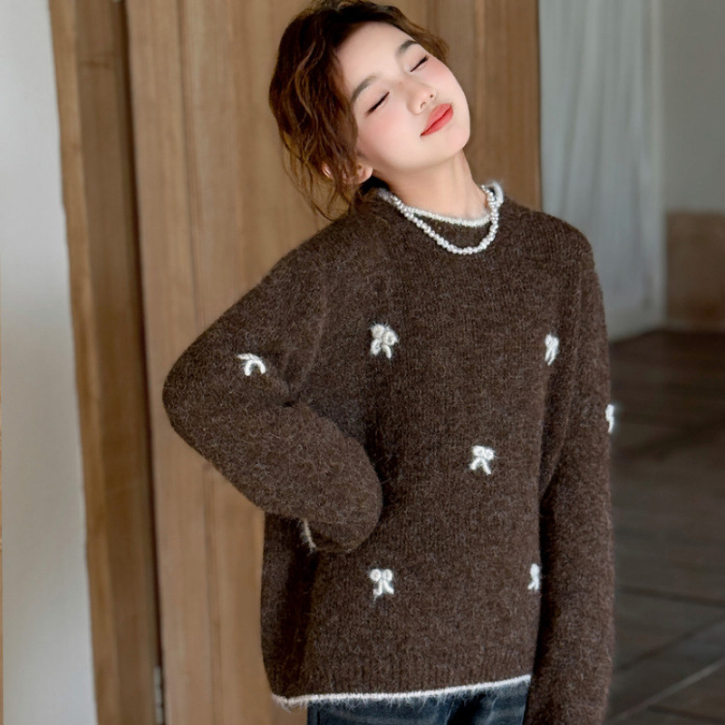 Dječji pulover za djevojčice, korejski stil, debeli pleteni, dugi rukavi, okrugli izrez, mješavina vune i poliestera (75% poliestera), mekana obrada, zima 2025