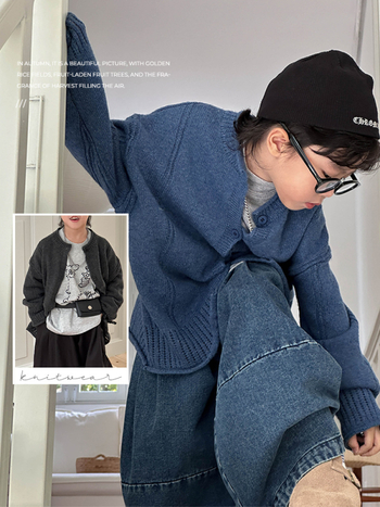 Dječji pleteni kardigan u korejskom stilu, dugi rukavi, okrugli izrez, jednoredno kopčanje, akrilno-vuneni miks