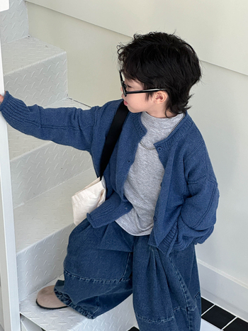 Dječji pleteni kardigan u korejskom stilu, dugi rukavi, okrugli izrez, jednoredno kopčanje, akrilno-vuneni miks