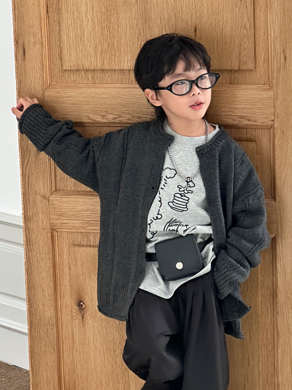 Dječji pleteni kardigan u korejskom stilu, dugi rukavi, okrugli izrez, jednoredno kopčanje, akrilno-vuneni miks