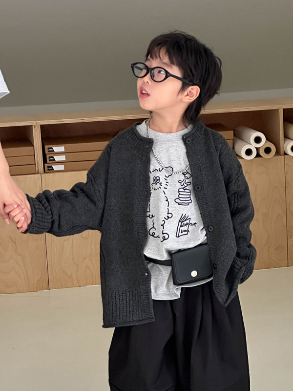 Dječji pleteni kardigan u korejskom stilu, dugi rukavi, okrugli izrez, jednoredno kopčanje, akrilno-vuneni miks