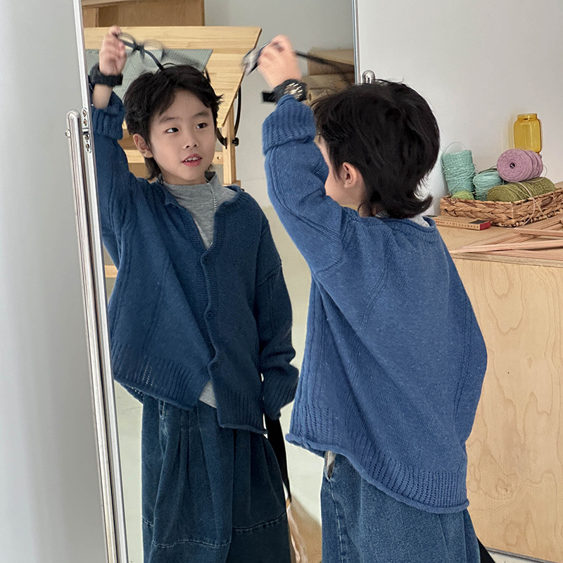 Dječji pleteni kardigan u korejskom stilu, dugi rukavi, okrugli izrez, jednoredno kopčanje, akrilno-vuneni miks