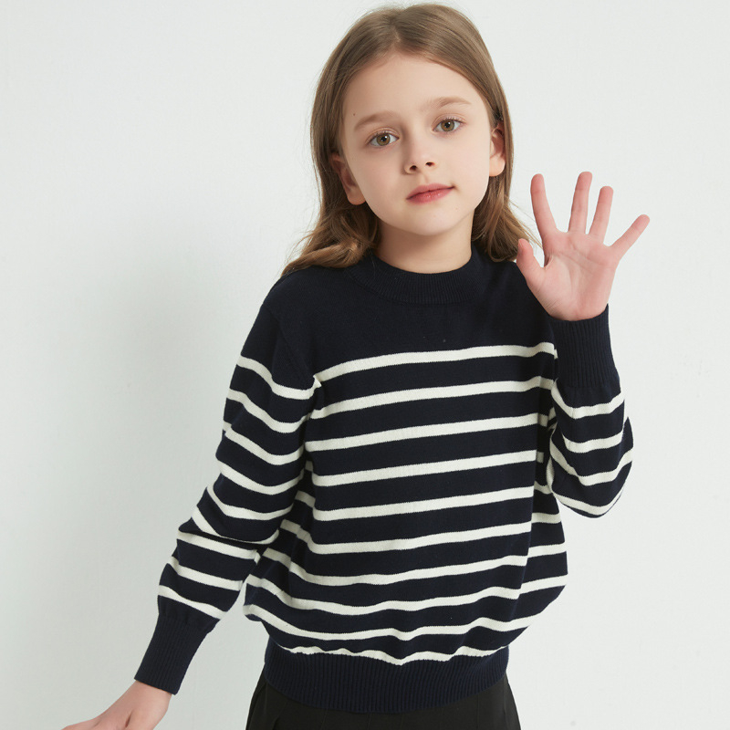 Dječji prugasti pleteni pulover, 100% pamuk, lagan, okrugli izrez, dugi rukavi, proljeće–jesen nošenje, unisex