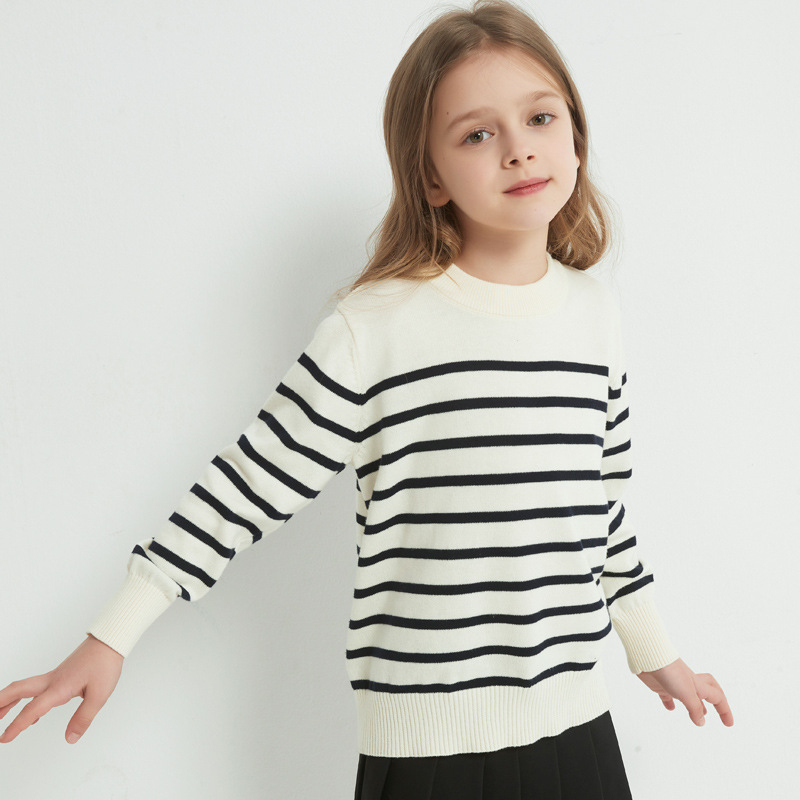 Dječji prugasti pleteni pulover, 100% pamuk, lagan, okrugli izrez, dugi rukavi, proljeće–jesen nošenje, unisex