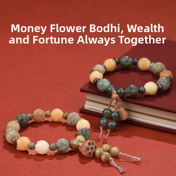 Badu drveni narukvica - Ručno izrađena, za žene, kineski stil, rombo dizajn, motiv lotosa Bodhi korijena i Boga bogatstva