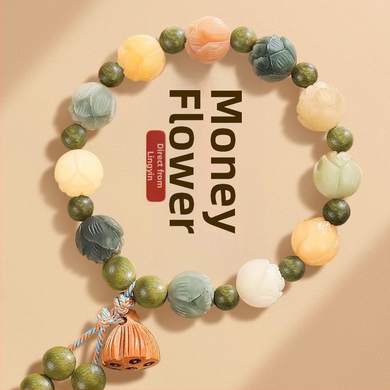 Badu drveni narukvica - Ručno izrađena, za žene, kineski stil, rombo dizajn, motiv lotosa Bodhi korijena i Boga bogatstva