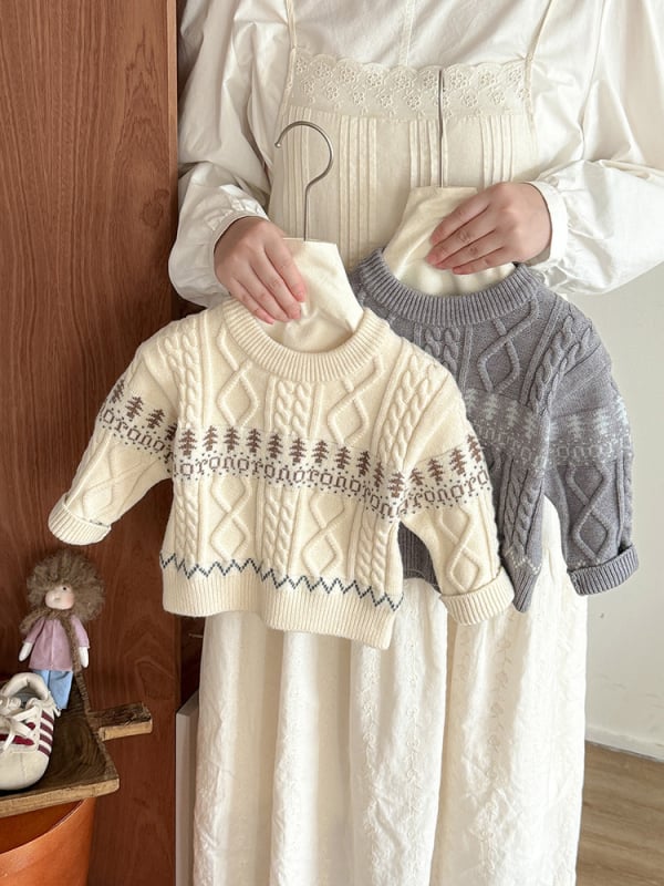 Dječji džemper s kružnim izrezom, korejski stil, jacquard retro uzorak, materijal akril-poliester, za dob 1–3 godine, jesen 2025