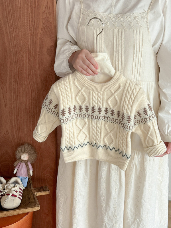 Dječji džemper s kružnim izrezom, korejski stil, jacquard retro uzorak, materijal akril-poliester, za dob 1–3 godine, jesen 2025
