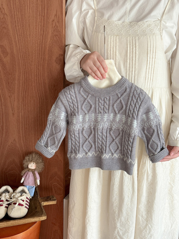 Dječji džemper s kružnim izrezom, korejski stil, jacquard retro uzorak, materijal akril-poliester, za dob 1–3 godine, jesen 2025