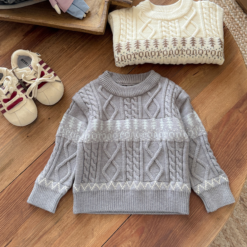 Dječji džemper s kružnim izrezom, korejski stil, jacquard retro uzorak, materijal akril-poliester, za dob 1–3 godine, jesen 2025