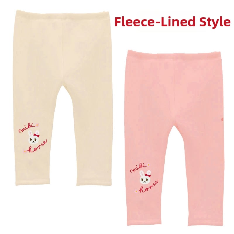 Dječje flisane legice za zimu s karikaturom zeko i izvezenim slovima, 85% pamuka, srednji porast, elastični pojas