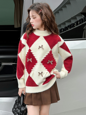 Dječji pulover za djevojčice, korejskog stila, debeli pleteni, viskozna tkanina 40%, dugi rukav, okrugli izrez, zima 2025