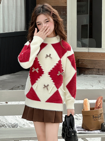 Dječji pulover za djevojčice, korejskog stila, debeli pleteni, viskozna tkanina 40%, dugi rukav, okrugli izrez, zima 2025