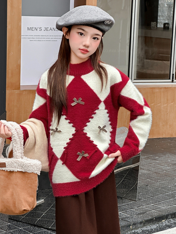 Dječji pulover za djevojčice, korejskog stila, debeli pleteni, viskozna tkanina 40%, dugi rukav, okrugli izrez, zima 2025