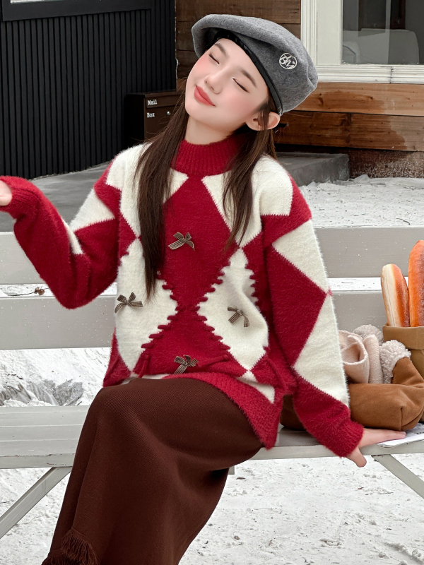 Dječji pulover za djevojčice, korejskog stila, debeli pleteni, viskozna tkanina 40%, dugi rukav, okrugli izrez, zima 2025