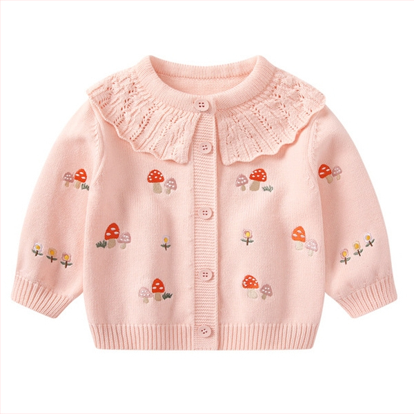 Dječji kardigan džemper s dugim rukavima, prednje kopčanje u jednoj liniji, 94% pamuk, mekan tretman enzimski pranje, uzorci: jednobojni, crtani i cvjetni.