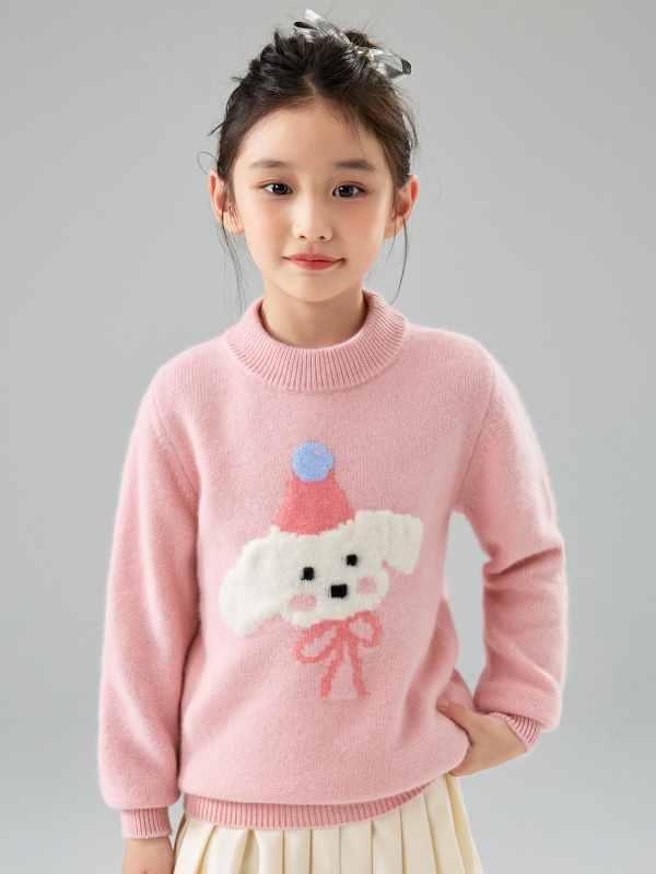 Pulover pentru copii din lână 100% cu jacquard temă desen animat, tricot gros, guler rotund, mâneci lungi