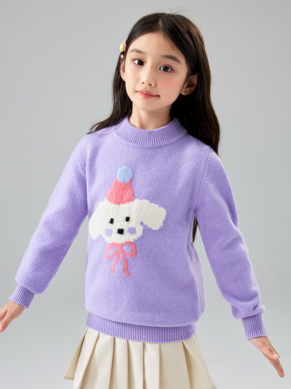 Pulover pentru copii din lână 100% cu jacquard temă desen animat, tricot gros, guler rotund, mâneci lungi