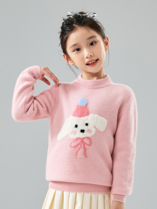 Pulover pentru copii din lână 100% cu jacquard temă desen animat, tricot gros, guler rotund, mâneci lungi